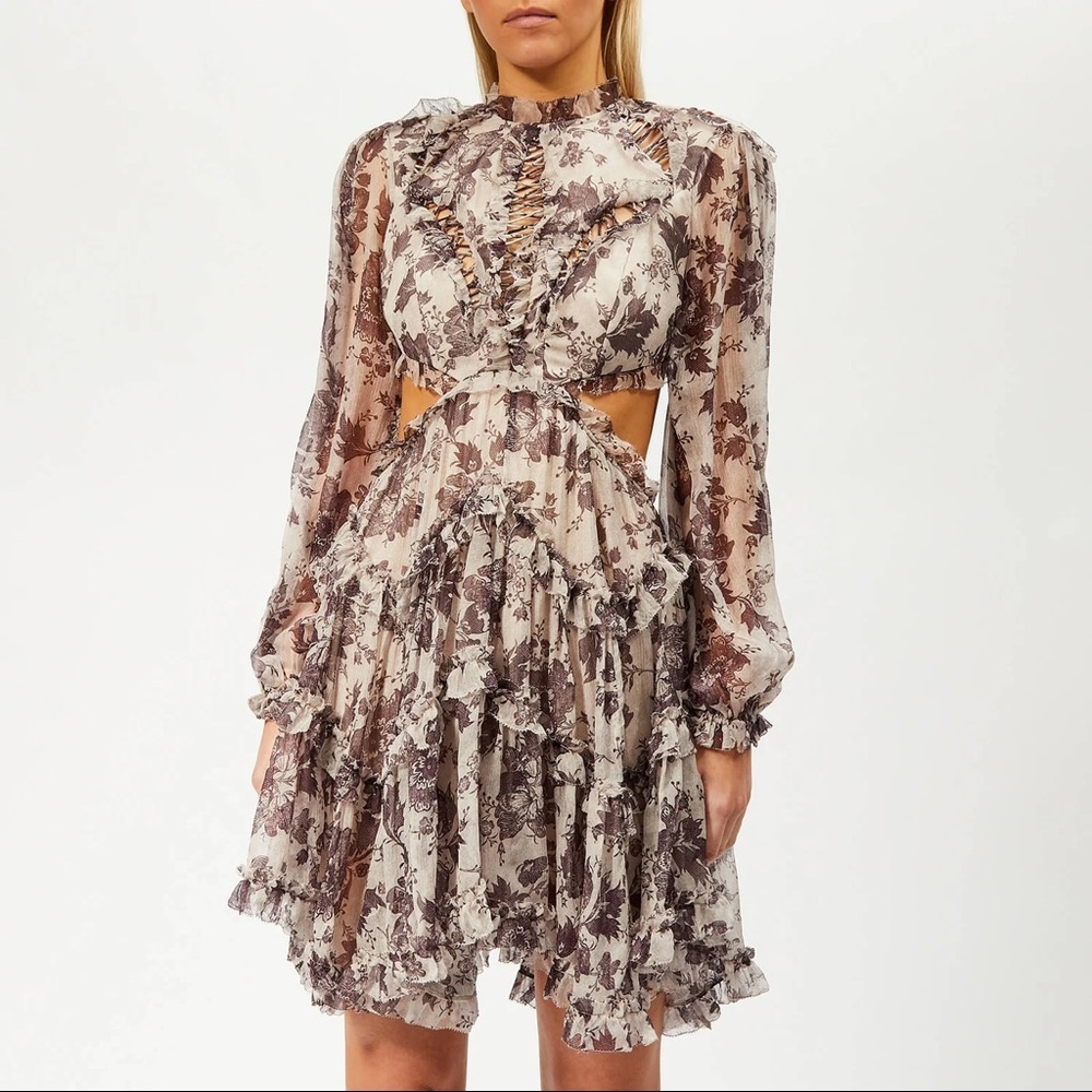 Zimmermann Cream and Brown Floral Ruffle Mini Dress Sz M - Picture 5 of 15